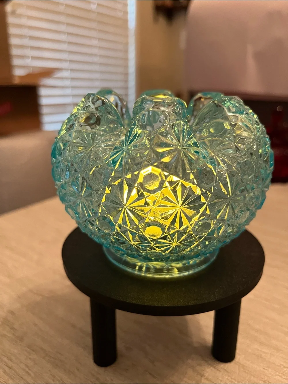 Vintage Blue Daisy and Button Glass Vase Styled as a Fairy Lamp